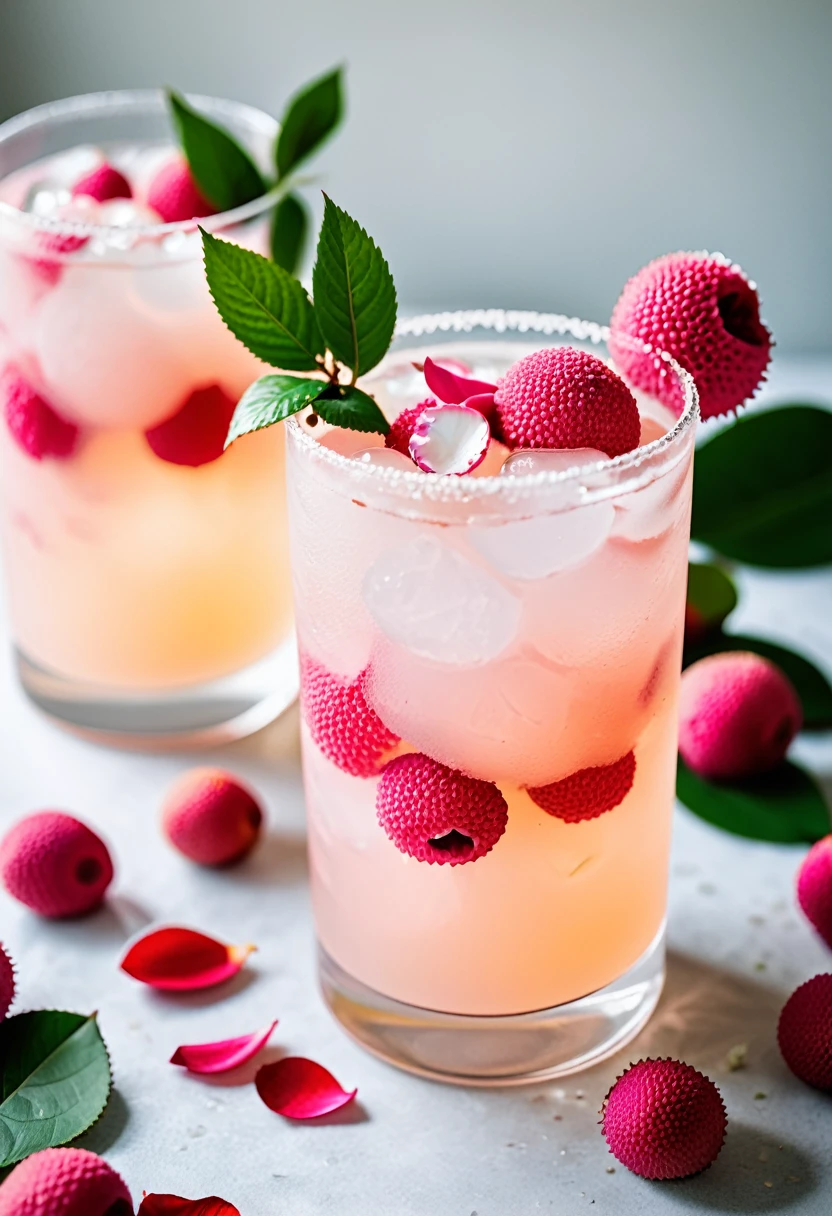RAW photo, lychee rose cooler, hot summer day, food photo, DSLR, fresh lychee and rose petals garnish, soft lighting, high quality, film grain, Fujifilm XT