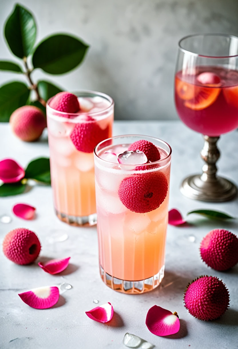 RAW photo, lychee rose cooler, hot summer day, food photo, DSLR, fresh lychee and rose petals garnish, soft lighting, high quality, film grain, Fujifilm XT