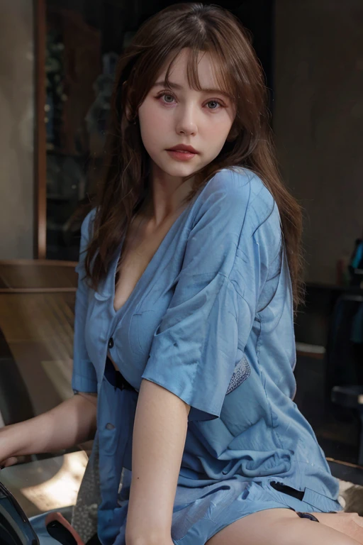 waist up potrait of average look 50 years age of french woman with white skins, blue eyes, dark brown hairs, wearing v neck dress, slightly chubby, background dark studio, ultra realistic skins, ultra white skins, skins detailed