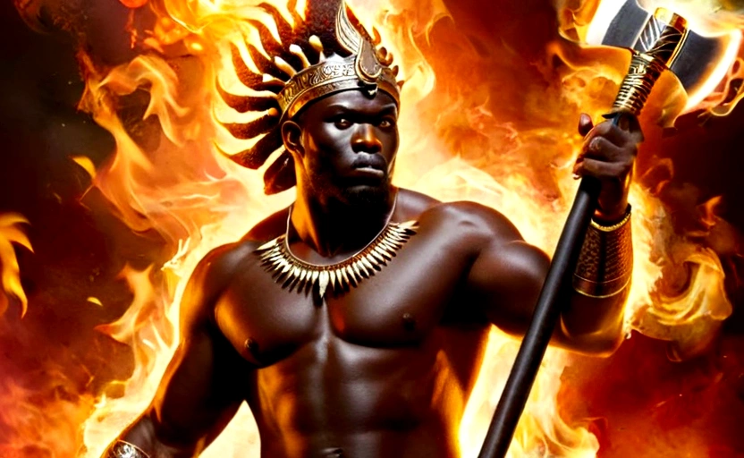 ((Intricate details))), (((highest quality))), (((extreme attention to detail))), (((complex composition))). African god, king of fire warriors, holds a double-bladed ax in his hands. Flames around his body emulate the mysterious atmosphere of cinematic light.