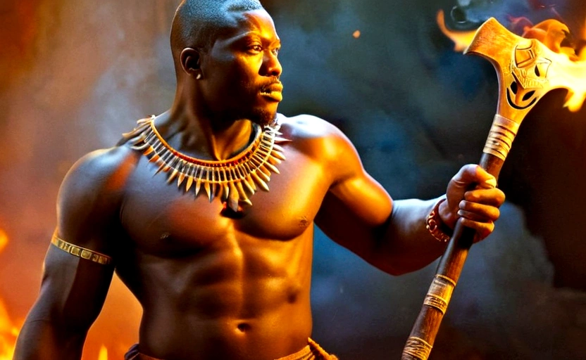 ((Intricate details))), (((highest quality))), (((extreme attention to detail))), (((complex composition))). African god, king of fire warriors, holds a double-bladed ax in his hands. Flames around his body emulate the mysterious atmosphere of cinematic light.