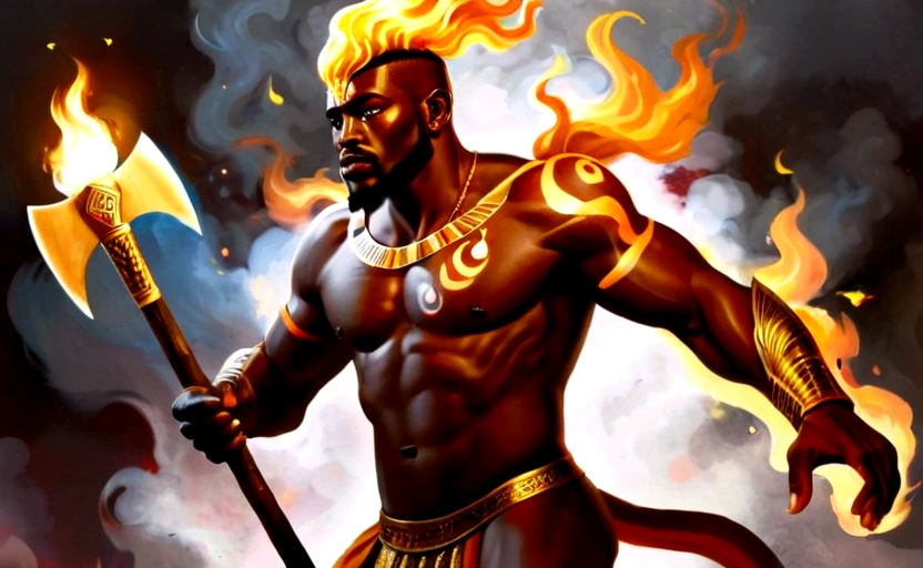 ((Intricate details))), (((highest quality))), (((extreme attention to detail))), (((complex composition))). African god, king of fire warriors, holds a double-bladed ax in his hands. Flames around his body emulate the mysterious atmosphere of cinematic light.
