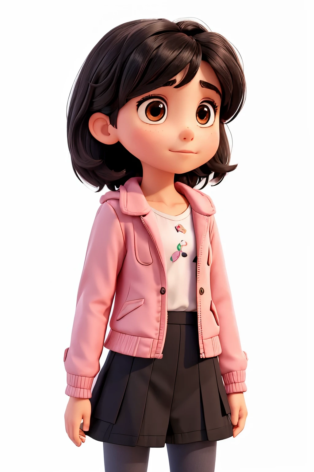 Young girl on a white background with short black hair at shoulder length. With light pink jacket and black blouse. Holding hooks in your hands