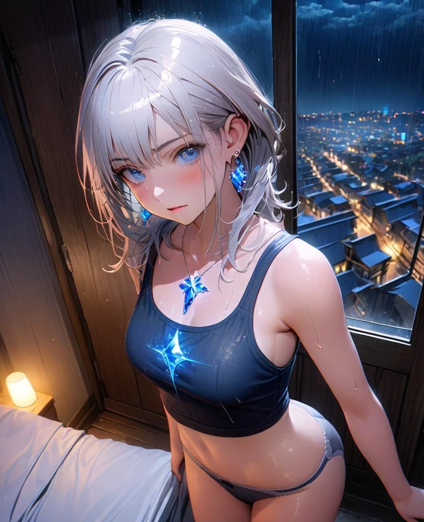 8K,gal，Beautiful and realistic skin,Shiny jewel-like earrings，blue glowing tattoo,Long silver hair,blue eyes,whole body,Night view,Tank top,Panties,Rainy night,Inside the room,Sparkling landscape,