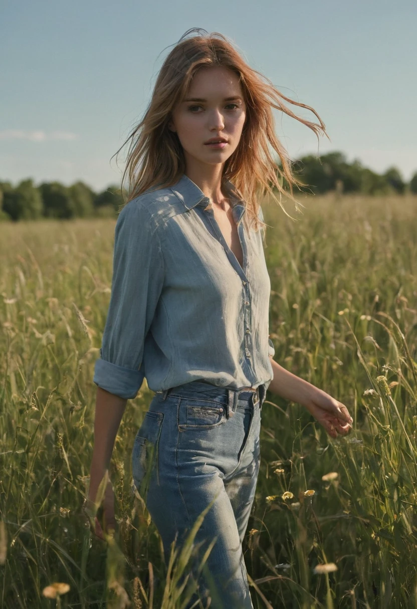 a woman walks through tall grass meadow, blue grass, dense greenery surrounding her, she moves like silk through the wild flower meadow, tip of blue sky, warm sunlight edges every grass, her hair merges into the light, the jeans comforting, the slush amber shirt, pristine collar, styled, she dreamy of one, she's moving through the meadow entering into the multi dimensional, dragonfly and insects, stuttering, collared and gaming