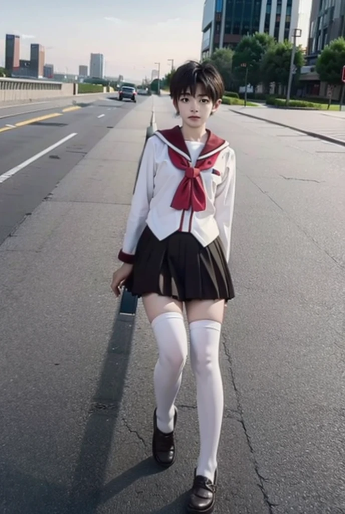 1 little boy，Shota，No makeup，short hair，Cover your skirt with your hands，Male characteristics，Unique的，face to face audience，full-body shot，Red JK，miniskirt，White pantyhose，Sailor Suit，Unique ，roof，City background，Rooftop，8K，Cute princess shoes，Male physiognomy，Sitting