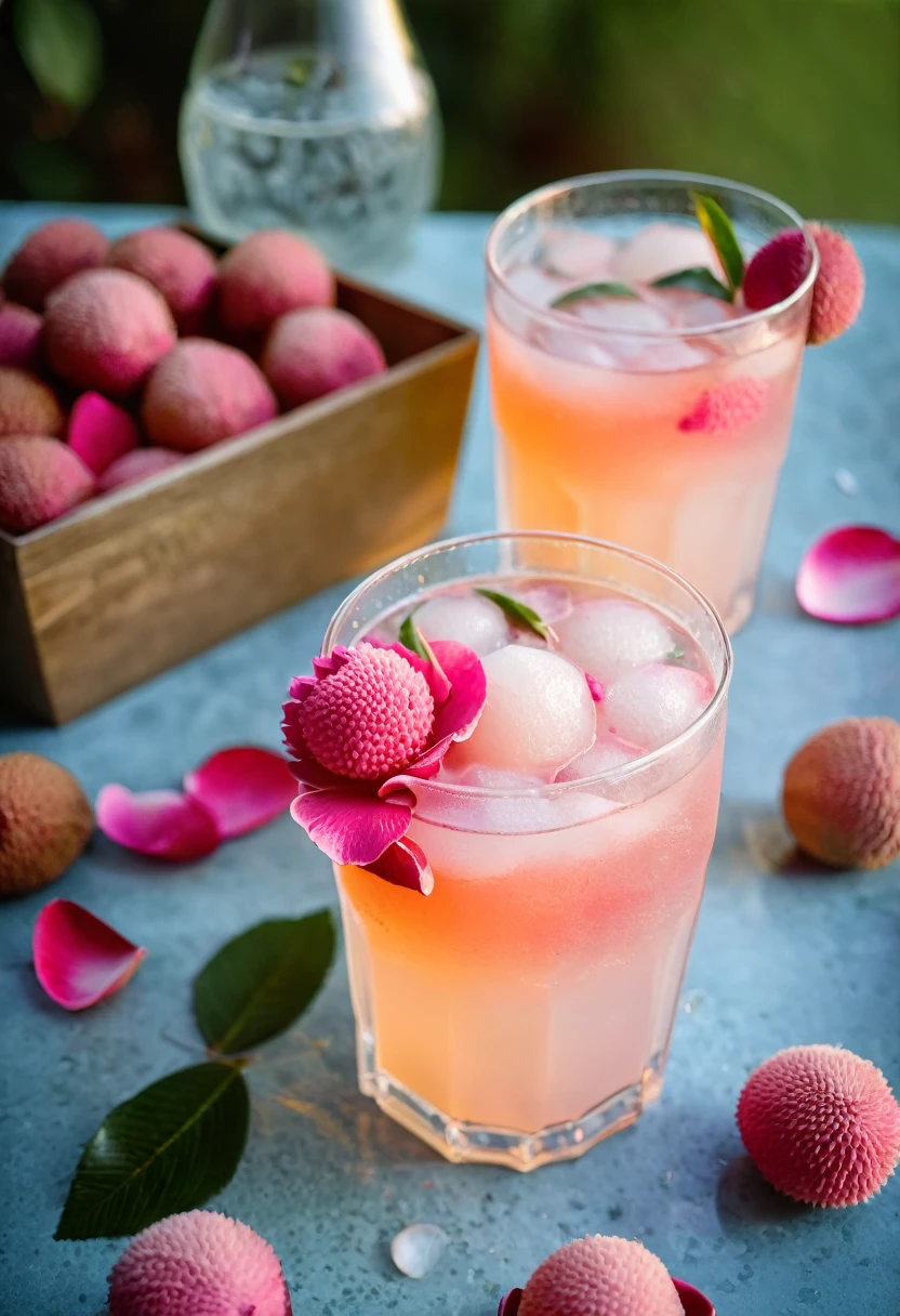 RAW photo, lychee rose cooler, hot summer day, food photo, DSLR, fresh lychee and rose petals garnish, soft lighting, high quality, film grain, Fujifilm XT