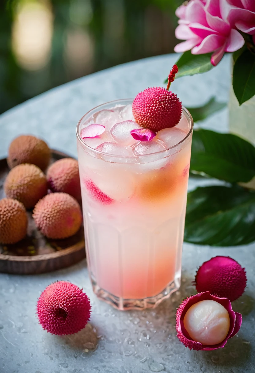RAW photo, lychee rose cooler, hot summer day, food photo, DSLR, fresh lychee and rose petals garnish, soft lighting, high quality, film grain, Fujifilm XT