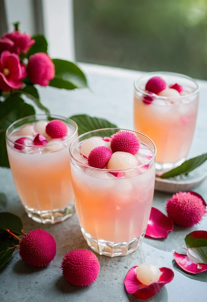 RAW photo, lychee rose cooler, hot summer day, food photo, DSLR, fresh lychee and rose petals garnish, soft lighting, high quality, film grain, Fujifilm XT