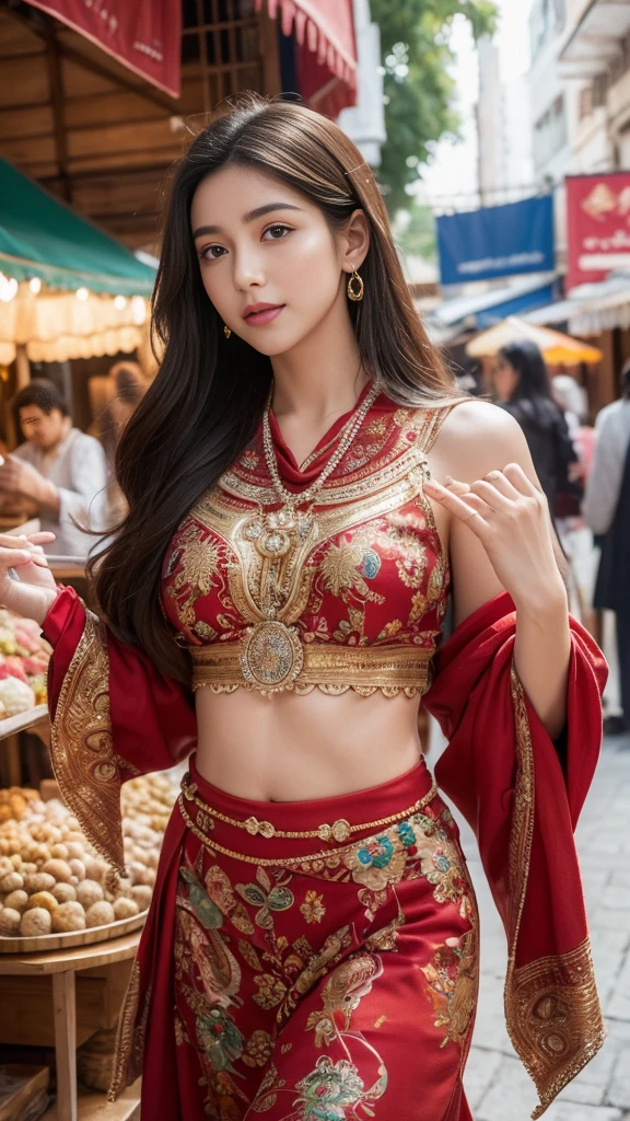 (Highest quality, Super detailed, Realistic:1.37), Professional, Beautiful attention to detail, Beautiful lip detail, Detailed facial features, Natural Skin Tone, Perfect skin texture, Delicate expression, High resolution images, Realistic face, Realistic skin, Ordinary face, Natural smile, Highly detailed hair, (Behold), 18-year-old, (Beautiful Turkish Girl), Immerse yourself in the vibrant atmosphere of a Turkish bazaar. Wearing trendy outfits, She walks through a bustling market, Surrounded by colorful fabrics, spices, Handcrafted products. The high-resolution image captures Super detailed realism, highlighting Behold's captivating eyes, Long eyelashes, Smooth Skin. The vibrant atmosphere of the bazaar adds to the cultural richness, A visual representation of your Turkish adventure.