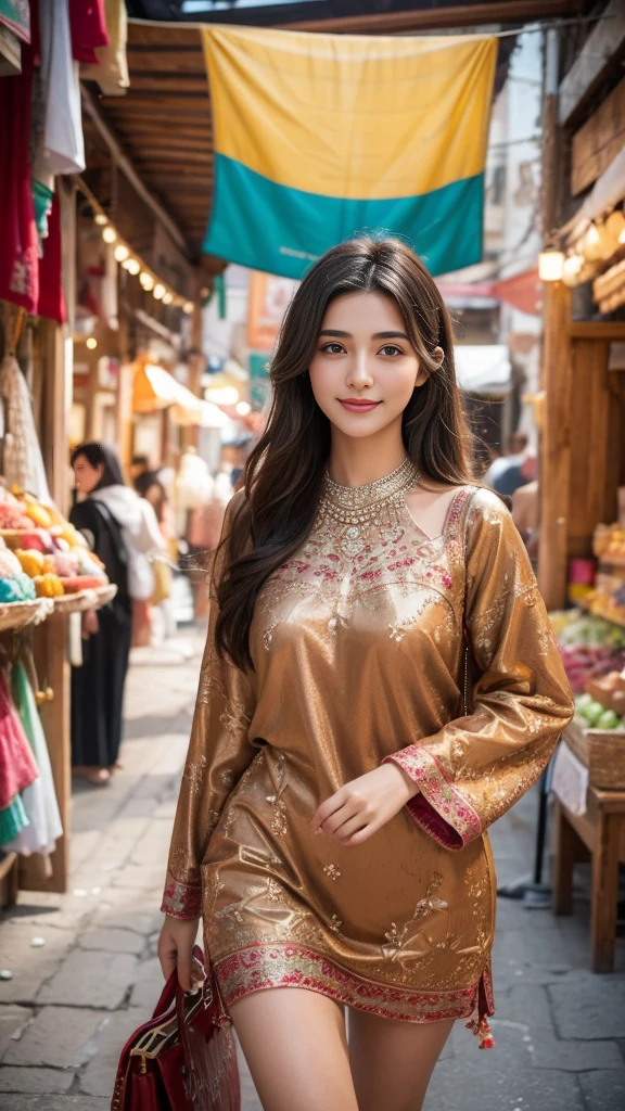 (Highest quality, Super detailed, Realistic:1.37), Professional, Beautiful attention to detail, Beautiful lip detail, Detailed facial features, Natural Skin Tone, Perfect skin texture, Delicate expression, High resolution images, Realistic face, Realistic skin, Ordinary face, Natural smile, Highly detailed hair, (Behold), 18-year-old, (Beautiful Turkish Girl), Immerse yourself in the vibrant atmosphere of a Turkish bazaar. Wearing trendy outfits, She walks through a bustling market, Surrounded by colorful fabrics, spices, Handcrafted products. The high-resolution image captures Super detailed realism, highlighting Behold's captivating eyes, Long eyelashes, Smooth Skin. The vibrant atmosphere of the bazaar adds to the cultural richness, A visual representation of your Turkish adventure.