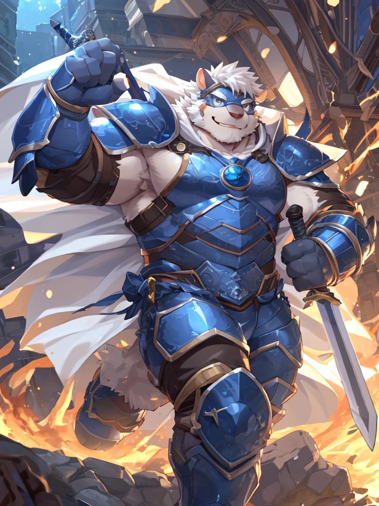 anthro, kemono, male, solo, ((long oval face, very handsome face, thick sideburns)), ((endomorph body type, old-aged)), (high quality, highres, masterpiece), (dynamic lighting, vivid color), (generous smile), cartoon, (((a furry sheep))), (((white fur))), (((shoulder long silky white hair))), (((handsome, slim fit, small face, ikemen))), paladin, (((white sheep))), ((dark blue armor with white cape)), full body, (((tall))), (((white smooth hair))), sword and shield, mature, dad, golden armor, by zixiong, by takemoto arashi, by zixiong, (by null-ghost:0.8), (by t.y.stars:0.4)