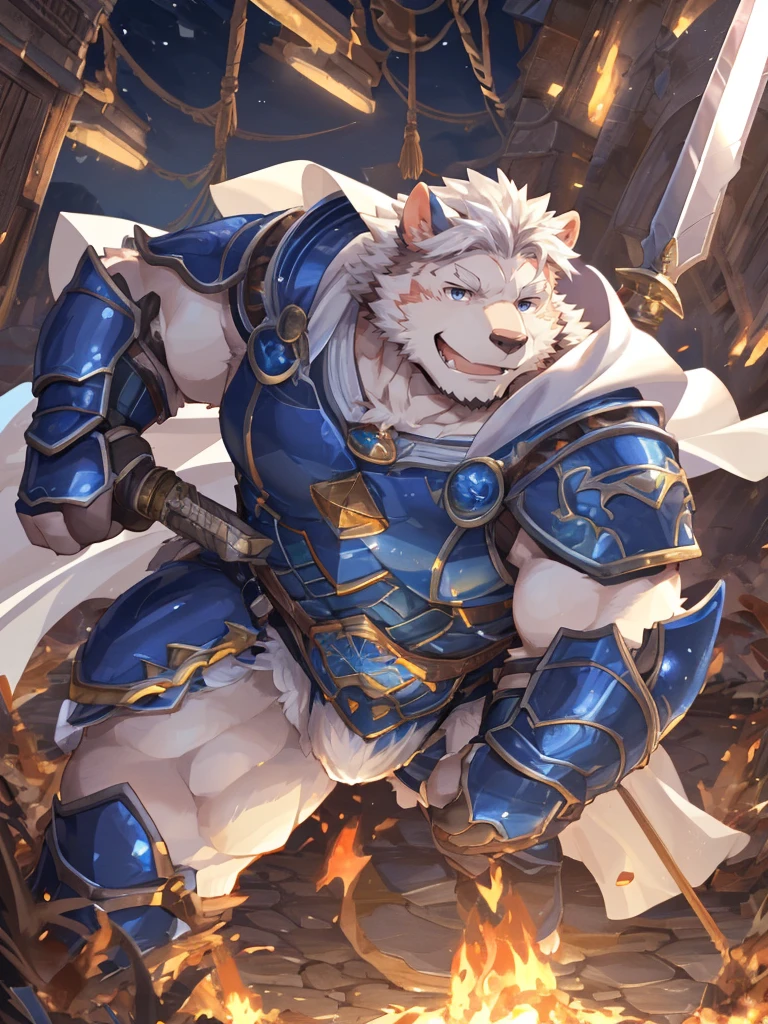 anthro, kemono, male, solo, ((long oval face, very handsome face, thick sideburns)), ((endomorph body type, old-aged)), (high quality, highres, masterpiece), (dynamic lighting, vivid color), (generous smile), cartoon, (((a furry sheep))), (((white fur))), (((shoulder long silky white hair))), (((handsome, slim fit, small face, ikemen))), paladin, (((white sheep))), ((dark blue armor with white cape)), full body, (((tall))), (((white smooth hair))), sword and shield, mature, dad, golden armor, by zixiong, by takemoto arashi, by zixiong, (by null-ghost:0.8), (by t.y.stars:0.4)