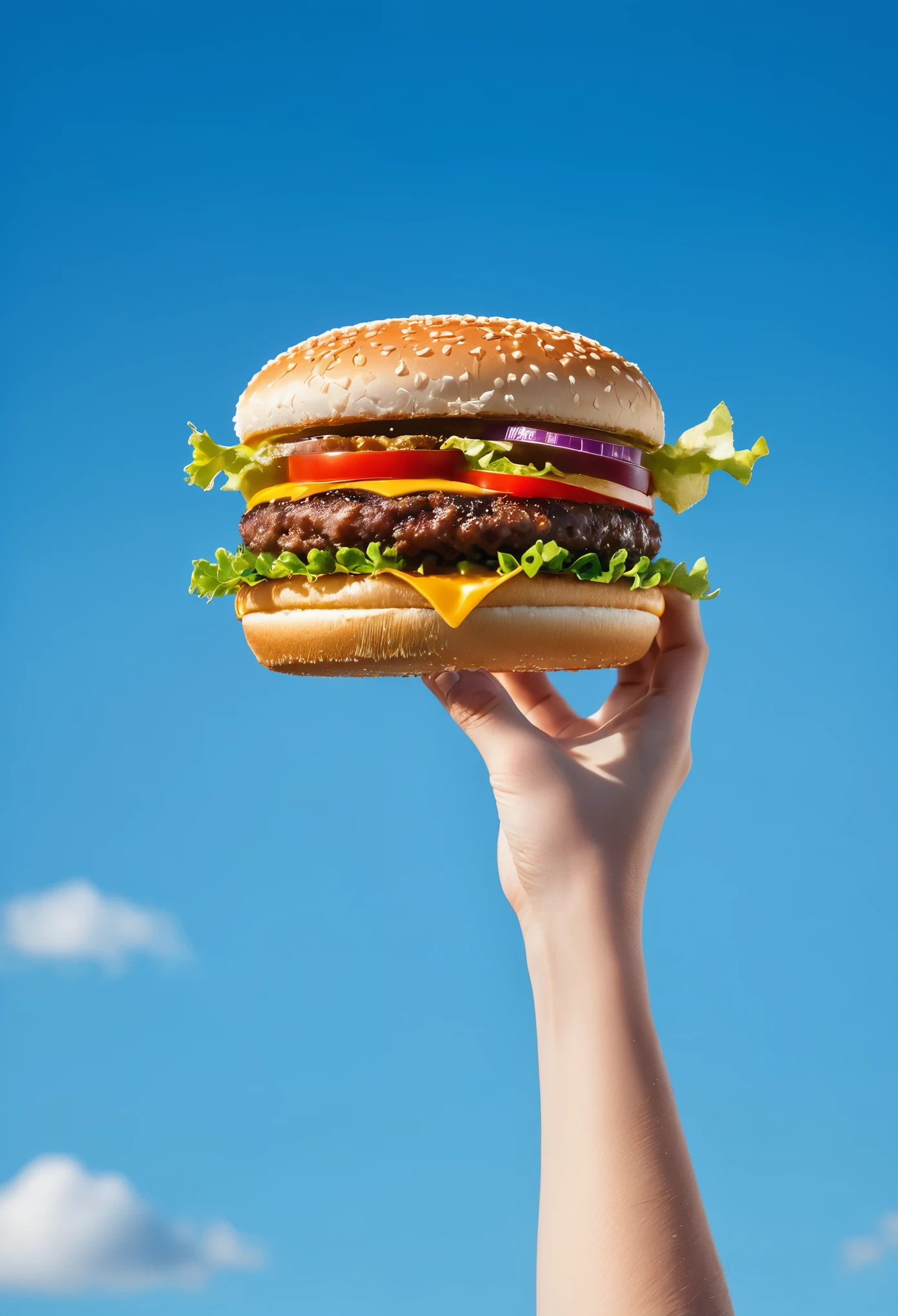 macro photography, 1 hand holding a burger flying in the blue sky, aesthetic product photography,  natural light, super details, high quality, High-definition, product commercial photography, clear, Fuji camera telephoto lens