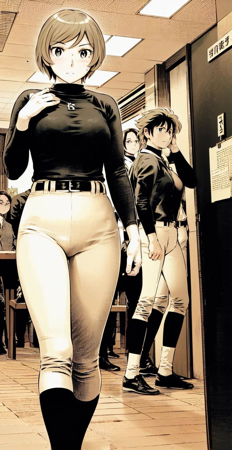 (野球uniform:1.2),
Blonde Hair, (short hair:1.2),Long sleeve, Black Shirt, turtleneck,White trousers、uniform、Black belt、((Illustration of people))、Big Boobs、
View Audience,, (Highest quality:1.3),One Girl, White pants、uniform、indoor、baseball 、White wall、blue eyes、Tight black shirt、(masterpiece、Highest quality)、Highest quality, Ultra-high resolution, (((masterpiece))), alone, Sweat、Big eyes、Big Breasts、One Girl, Front view、Embarrassed face、Bronze colored hair、((short hair))、Stand up straight、Cowboy Shot