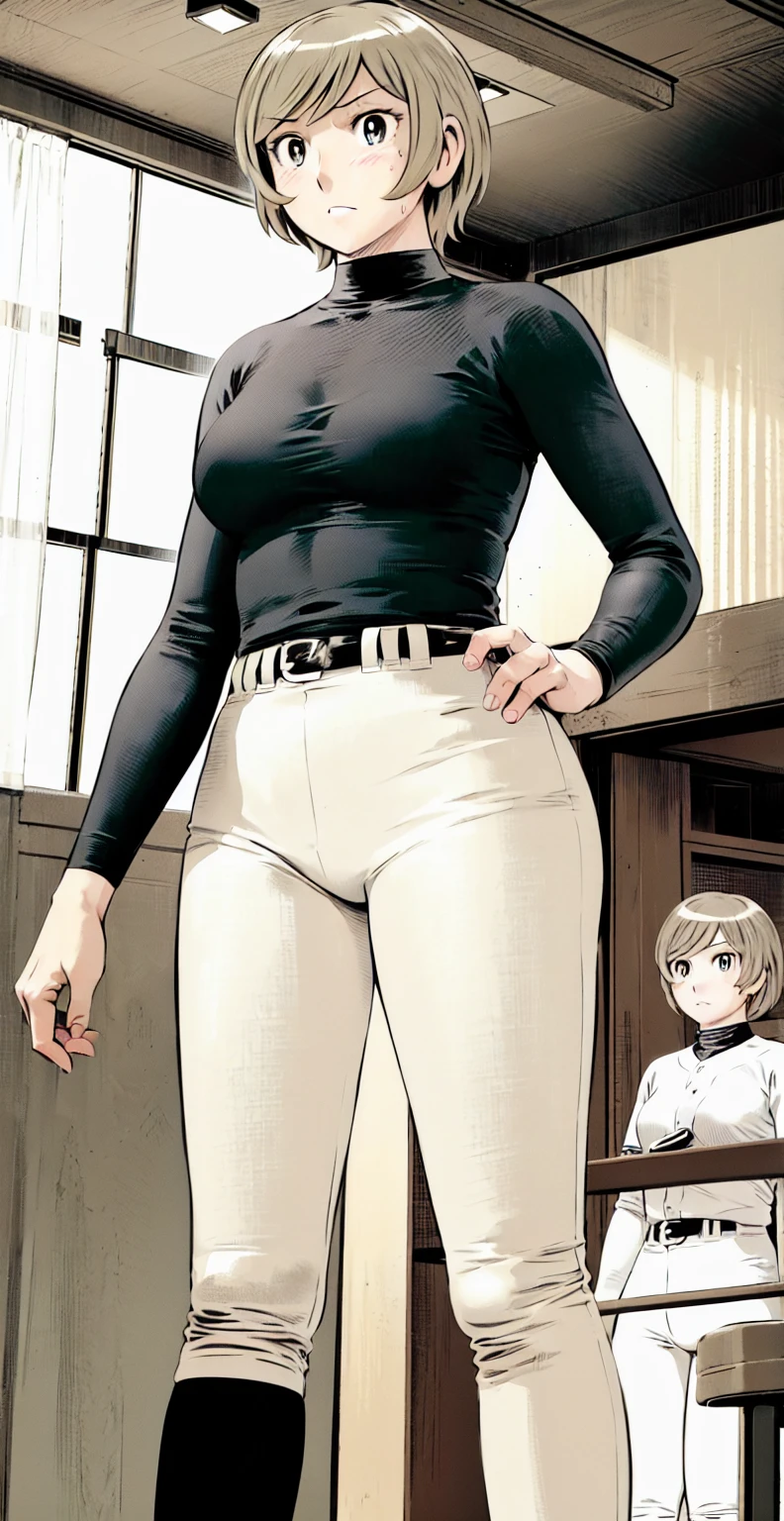 (野球uniform:1.2),
Blonde Hair, (short hair:1.2),Long sleeve, Black Shirt, turtleneck,White trousers、uniform、Black belt、((Illustration of people))、Big Boobs、
View Audience,, (Highest quality:1.3),One Girl, White pants、uniform、indoor、baseball 、White wall、blue eyes、Tight black shirt、(masterpiece、Highest quality)、Highest quality, Ultra-high resolution, (((masterpiece))), alone, Sweat、Big eyes、Big Breasts、One Girl, Front view、Embarrassed face、Bronze colored hair、((short hair))、Stand up straight、Cowboy Shot