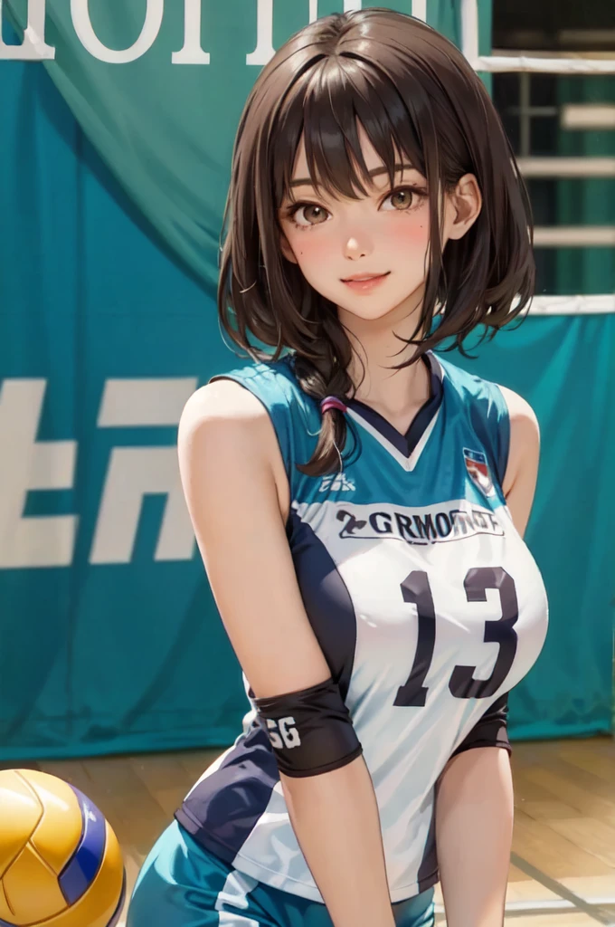 1lady solo, /(volleyball uniform/), /(dark brown hair/) bangs, blush light smile, (masterpiece best quality:1.2) delicate illustration ultra-detailed, large breasts BREAK /(volleyball court indoors/)