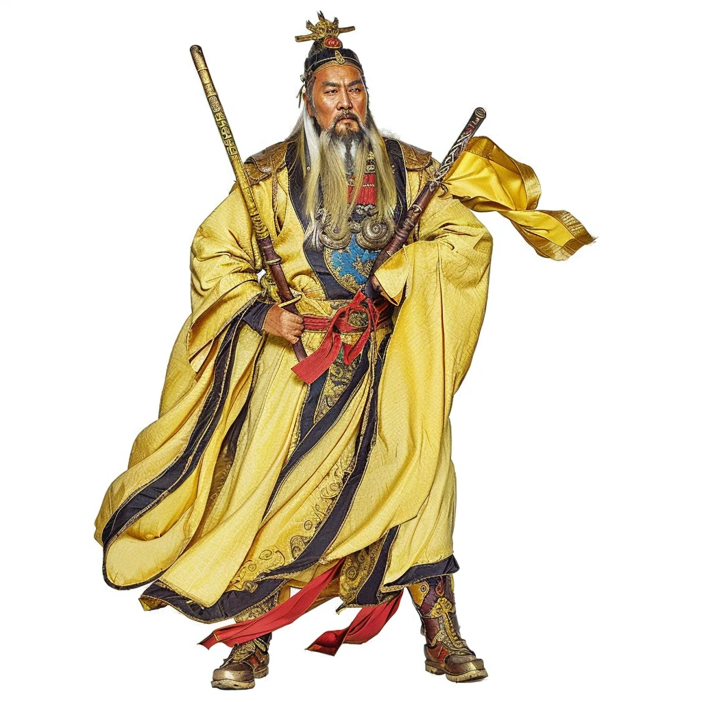 an ancient old chinese man in a yellow robe holding a metal whip, guan yu, taoist priest, daoist, taoist master, a commander flag, white long beard