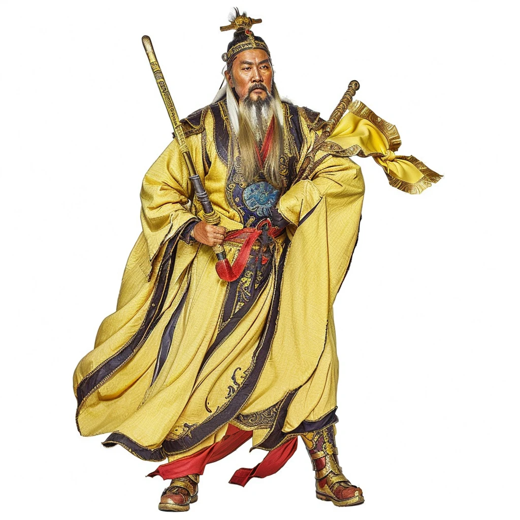 an ancient old chinese man in a yellow robe holding a metal whip, guan yu, taoist priest, daoist, taoist master, a commander flag, white long beard
