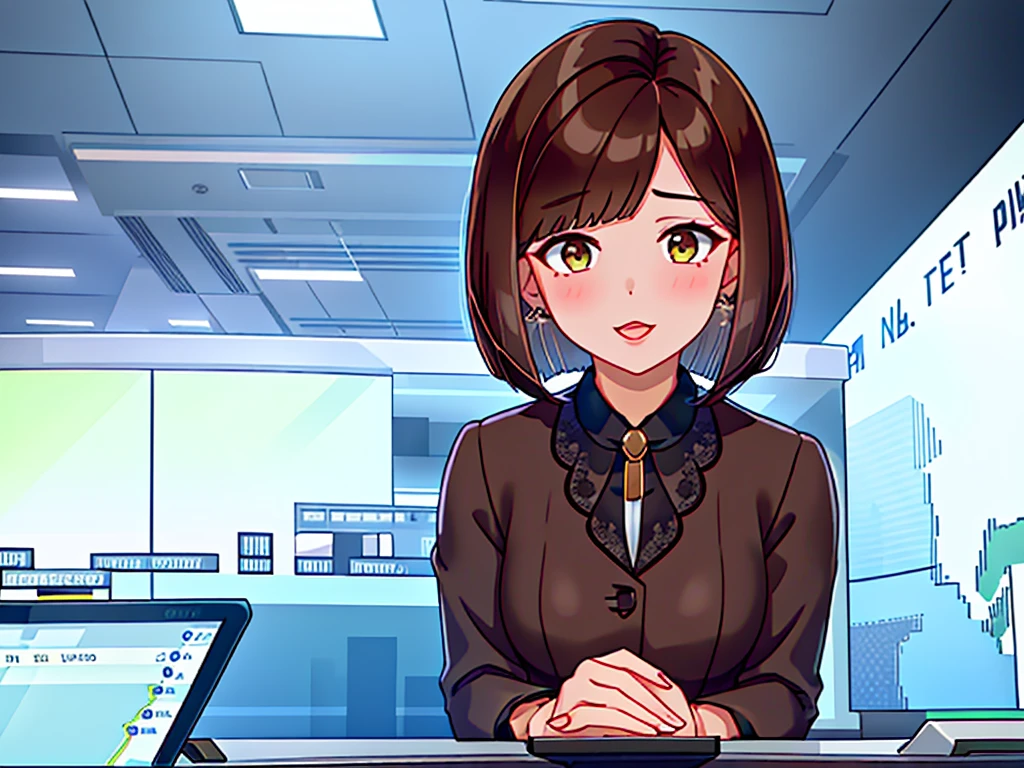 news studio, ((office lady)), brown hair, bob cut, upper body, leading news, small wipe of park, detailed news program, ((from front)), [pixel art]