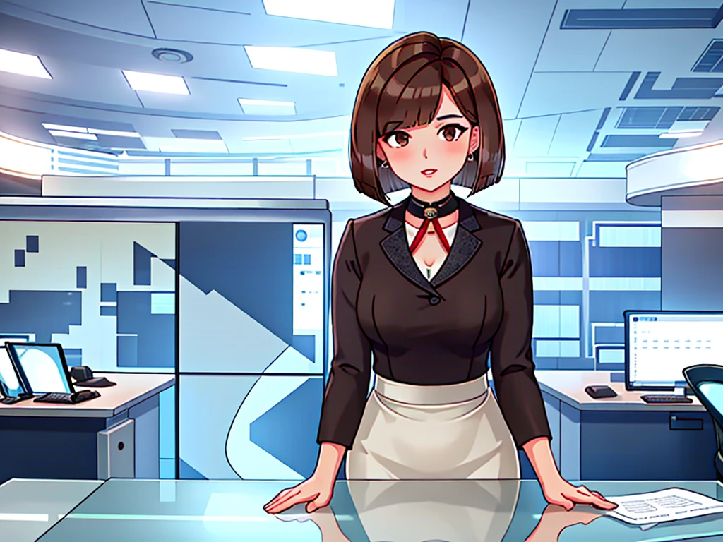 news studio, ((office lady)), brown hair, bob cut, upper body, leading news, small wipe of park, detailed news program, ((from front)), [pixel art]