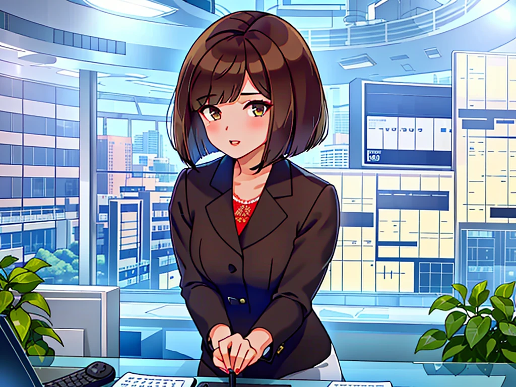 news studio, ((office lady)), brown hair, bob cut, upper body, leading news, small wipe of park, detailed news program, ((from front)), [pixel art]