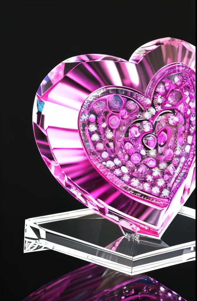 a pink heart shaped diamond on a black background, glass sculpture of a heart, pink diamonds, real heart!, glass-cast heart, beautiful!!!!!!!!!, beautiful”, made of crystal, beautiful glass work, heart, pink hearts in the background, color”, by Valentine Hugo, magic heart, beautiful crystals, 3 d ornate carved water heart, made of crystals, acrylic