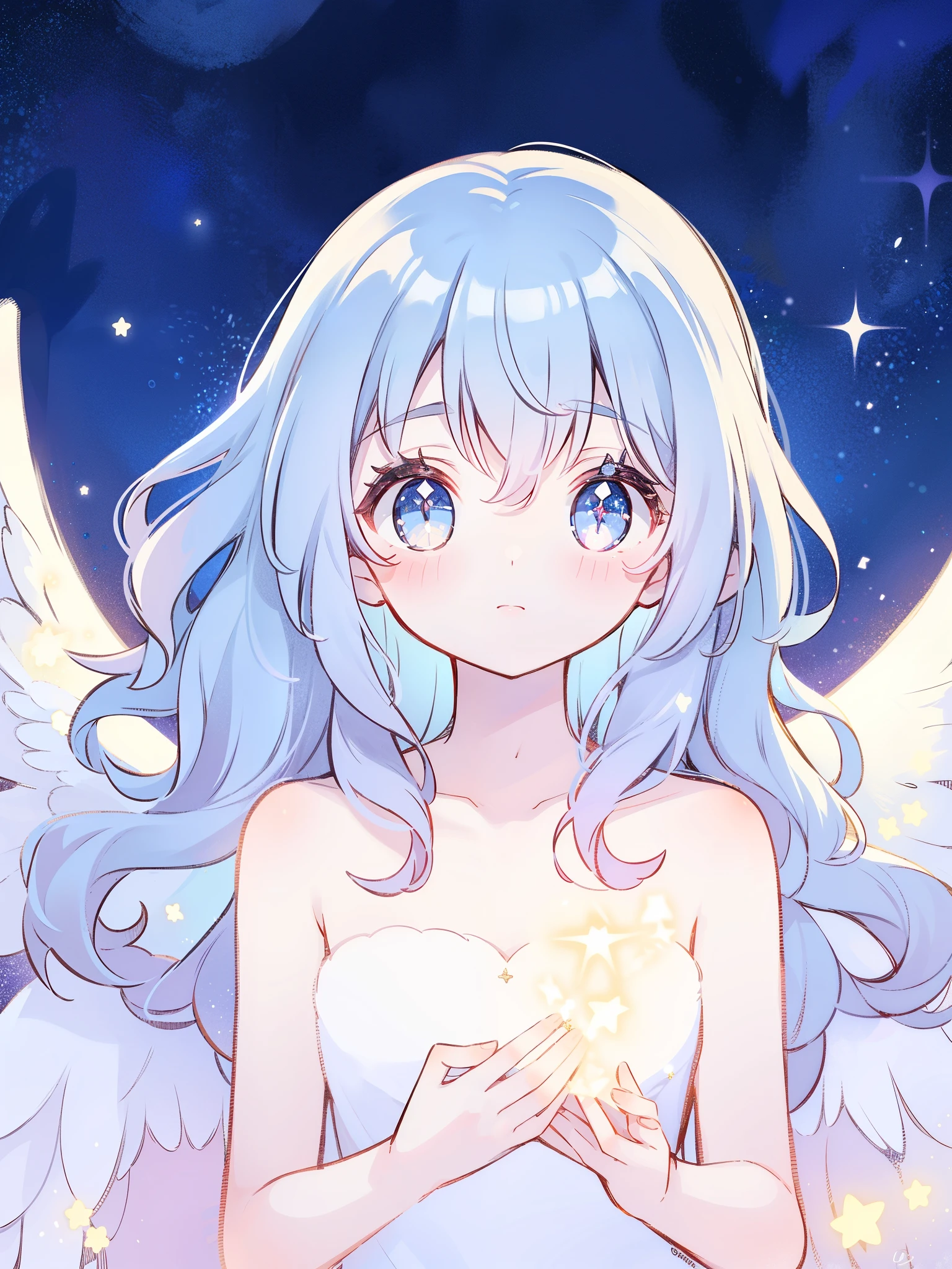 nude angel girl wearing an ethereal translucent dress, pale skin, ((blue mint wavy hair)), white feathers, angel wings, sparkling detailed eyes, golden ratio face, perfect composition, highly detailed, ethereal, (starry night sky background), midjourney style