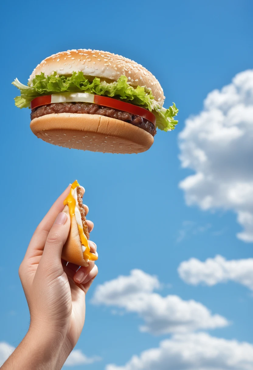 macro photography, 1 hand holding a burger flying in the blue sky, aesthetic product photography, natural light, super details, high quality, High-definition, product commercial photography, clear, Fuji camera telephoto lens
