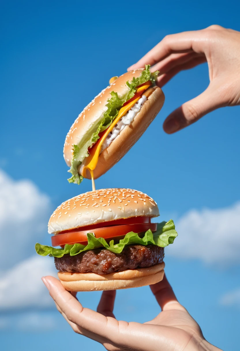 macro photography, 1 hand holding a burger flying in the blue sky, aesthetic product photography,  natural light, super details, high quality, High-definition, product commercial photography, clear, Fuji camera telephoto lens