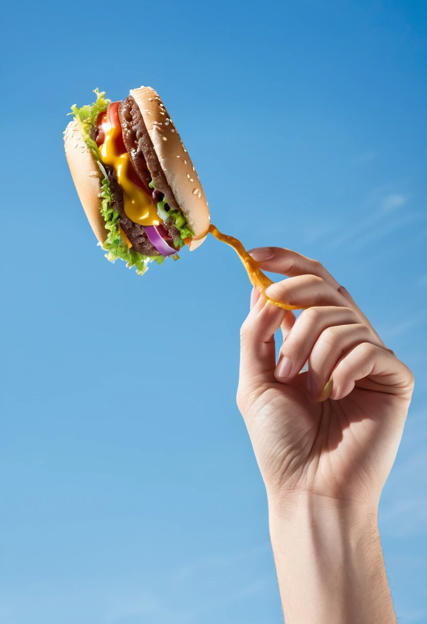 macro photography, 1 hand holding a burger flying in the blue sky, aesthetic product photography, natural light, super details, high quality, High-definition, product commercial photography, clear, Fuji camera telephoto lens