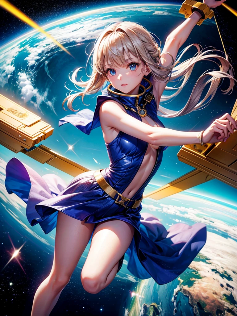 Highest quality,Highest Resolution,A beautiful android girl flying in space,Earth in the background,Equipped with cutting-edge technology,