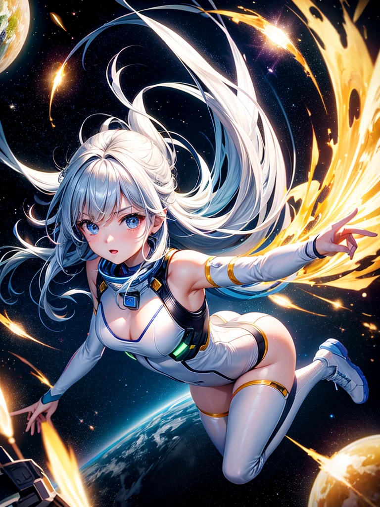 Highest quality,Highest Resolution,A beautiful android girl flying in space,Earth in the background,Equipped with cutting-edge technology,