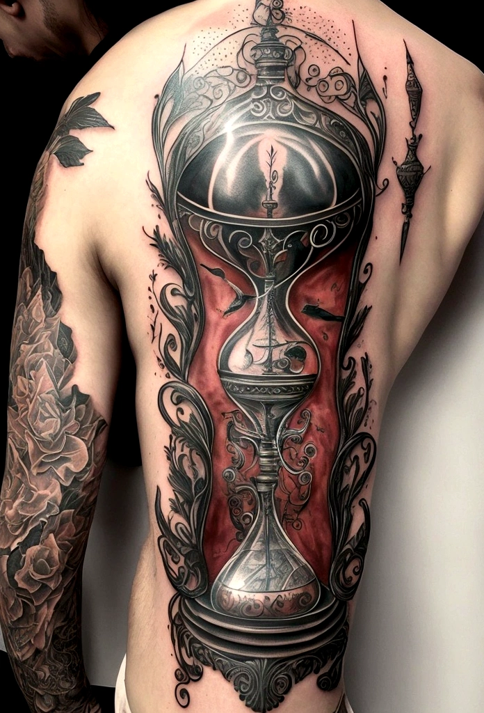 A captivating close-up photograph of a man's calf adorned with an intricately detailed tattoo of an hourglass. The hourglass is masterfully crafted with complex lines, showing its complex design. The red sand inside the hourglass creates a vivid contrast with the man's skin, symbolizing the passage of time. Delicate lines frame the hourglass, adding balance and symmetry to the composition. Around the hourglass, circuit lines give the tattoo a technological touch. This mesmerizing body art is truly a stunning work, displaying a perfect blend of beauty, complexity and the essence of time.