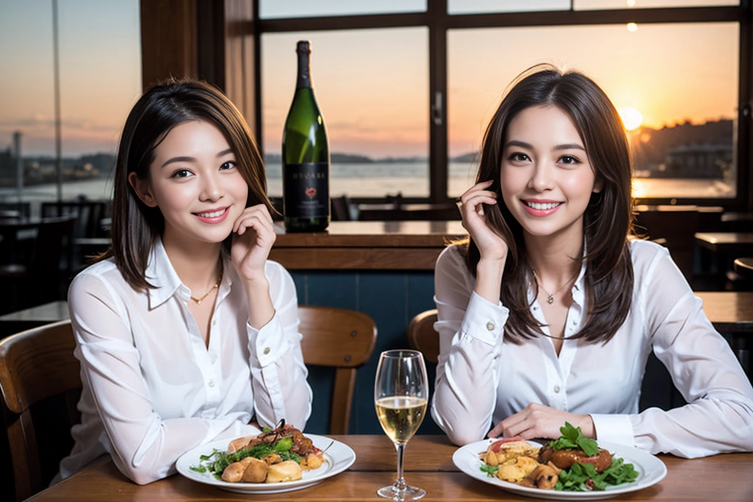 ((Highest quality、8K、masterpiece:1.3))、1 male 1 female、lover、Beautiful couple、Happy smile、full-course dinner、 (Slim face), (the body is スリム), (Brown Hair), (Shortcuts), ((Bob Hale、Straight hair:1.2)), テーブルの上のwine glass、Put the light on your face、 Amazing view of the sunset sky and clouds、The beauty of a smile、Bright image、Blushing, Shortcuts, (Age 35), 39 years old, Appetizers、Italian food、Wine bottle、Champagne、sparkling wine、Long sleeve shirt、dress、Attractive beauty、restaurant, Nova Frog Style, actress, model, Upper Body, White wine, red wine, wine glass, 