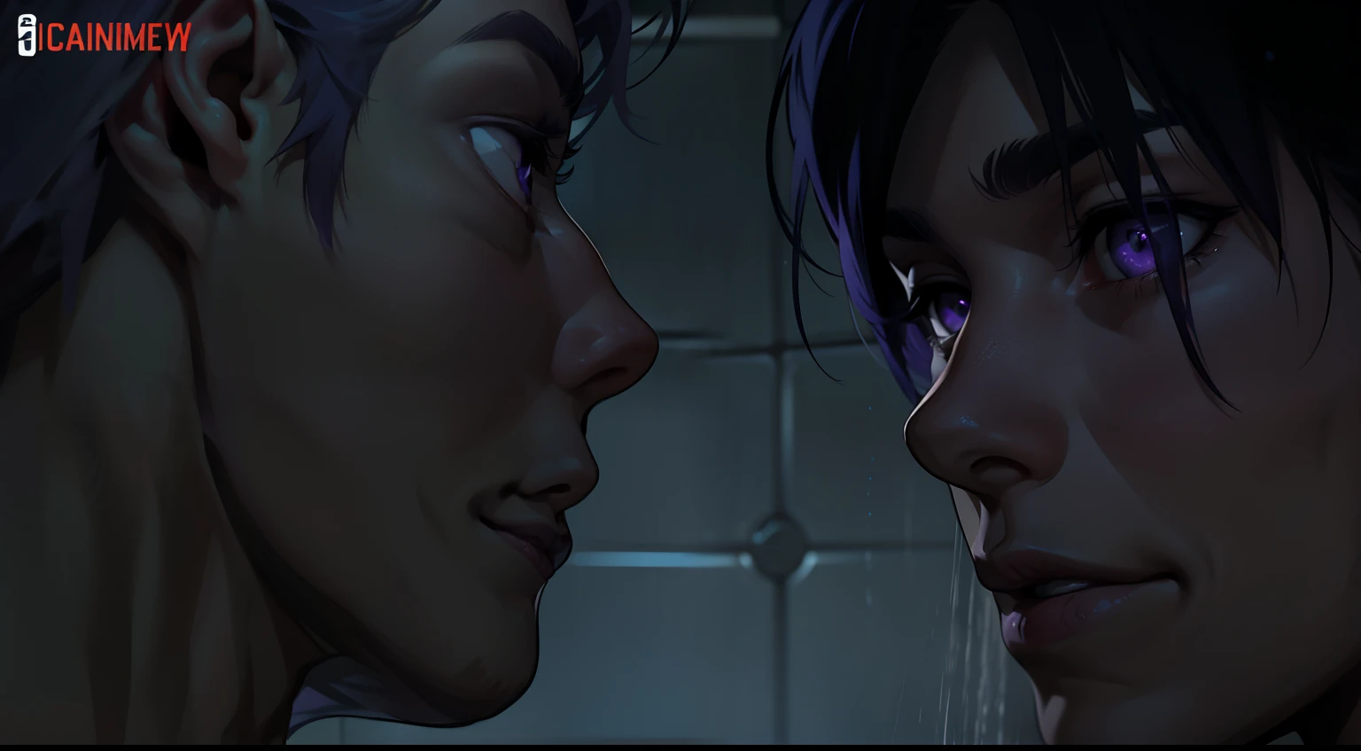two young men of 16 years, one cute young man with gray hair and purple hair, purple eyes and the other blue eyes, are in the shower without a shirt, they look at each other with desire, pleasure, sensuality, they are going to kiss each other tenderly.