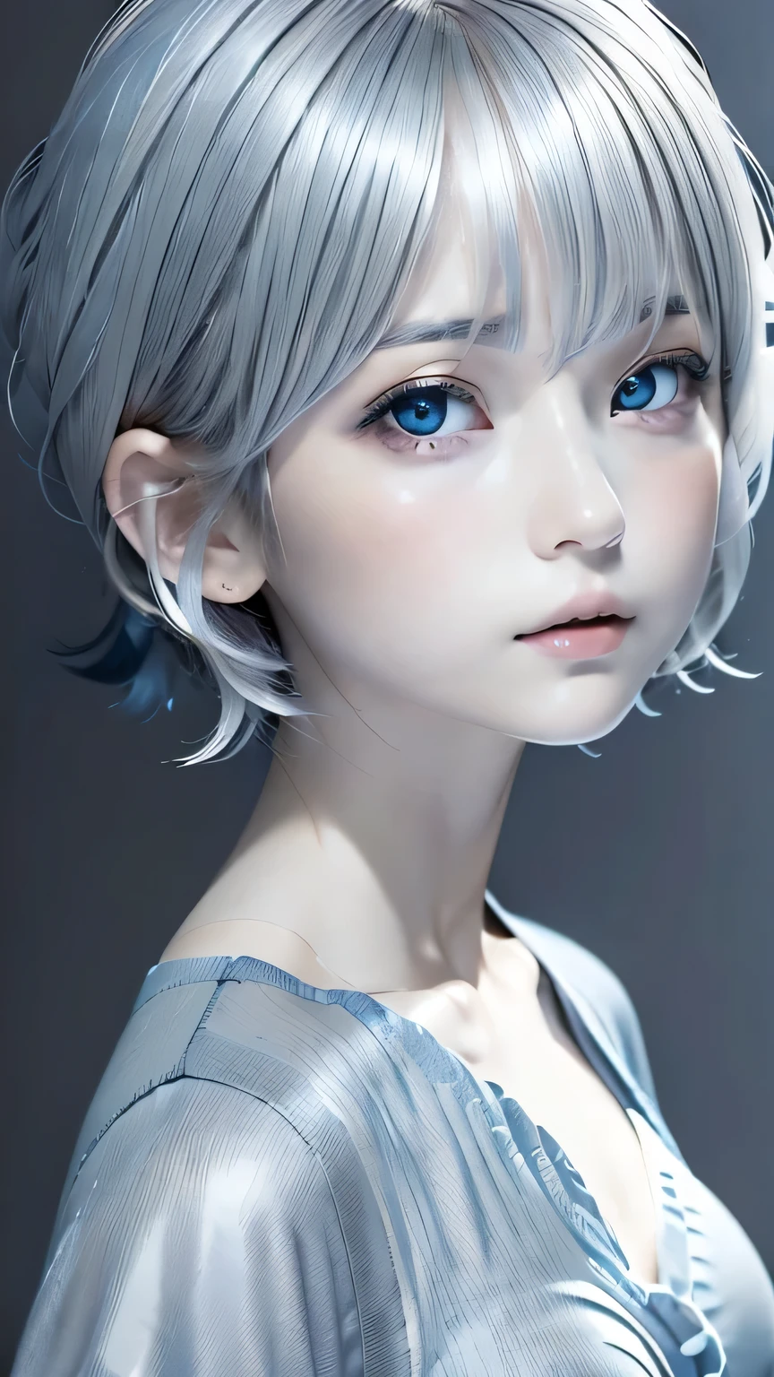 ((wallpaper 8k)), ((surreal)), ((Quality with attention to detail:1.2)), 1 girl, 14talent、kind eyes、plump lips、Ash gray hair、An ennui look、small breasts、small breasts、blue elegant dress,Blue capelet, look up, Widespread poverty, short cut hair、short hair twintails、Ash gray hair:1.5、white skin、