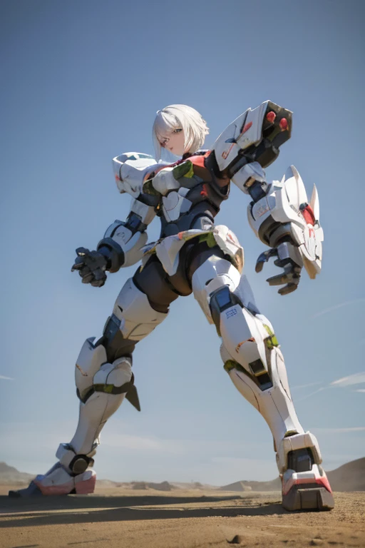 White-haired ,　fighting stance, with two extremely large robotic hands