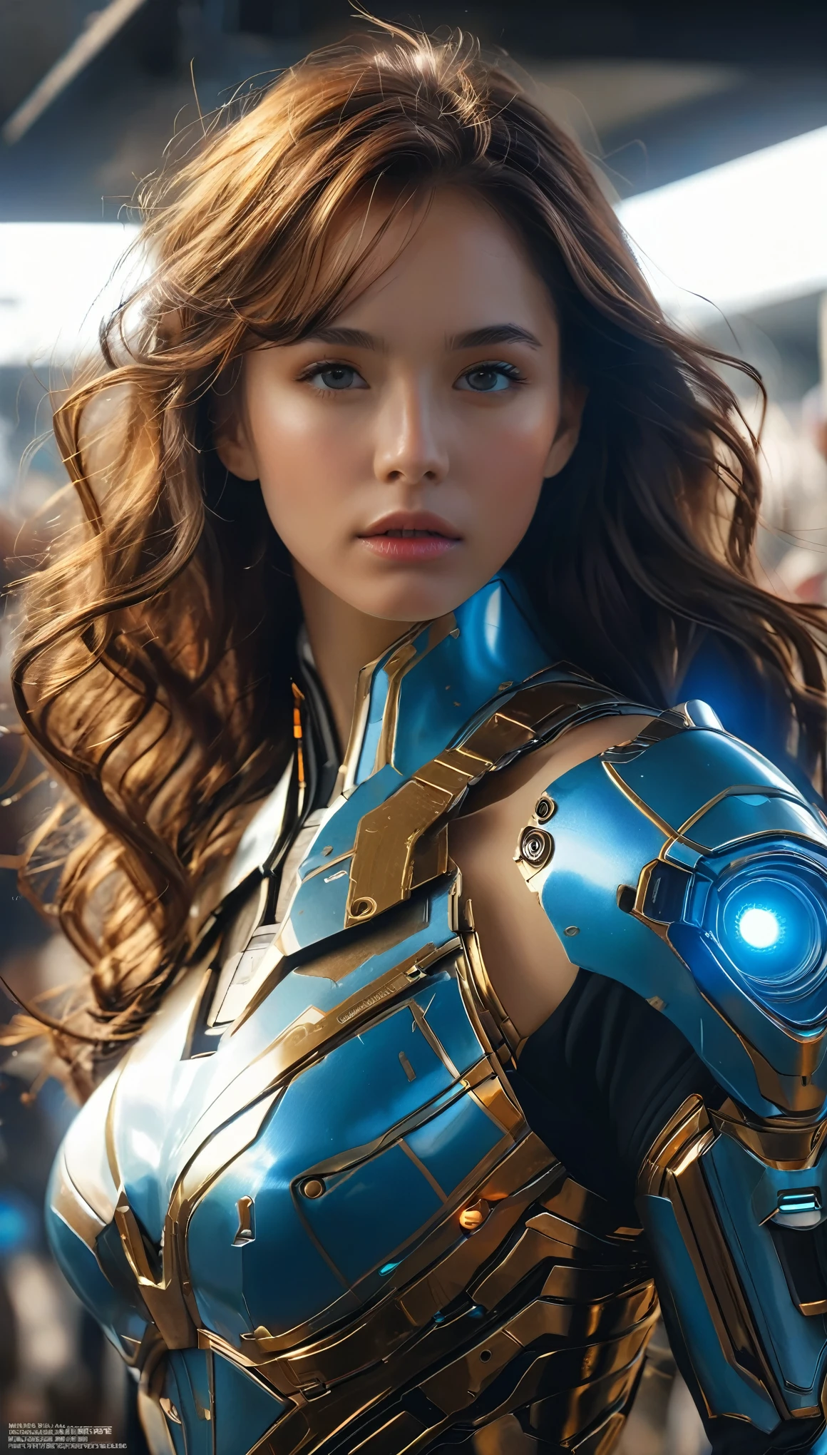 (best quality,4k,8k,highres,masterpiece:1.2), ultra-detailed, (realistic,photorealistic,photo-realistic:1.37), Big black eyes, aura, long wavy hair of light brown color,, Black and blue sci-fi armor, SF wind, high quality, atmosphere, war