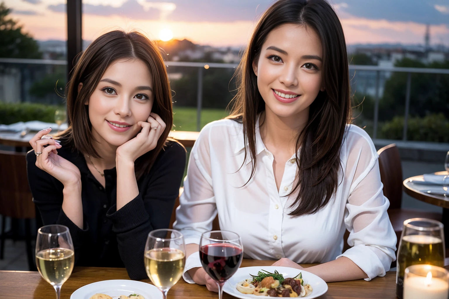 ((Highest quality、、masterpiece:1.3))、1 male、1 female、spouse、Beautiful couple、smile、full-course dinner、 (Slim face), (the body is スリム), (Brown Hair), (Shortcuts), ((Bob Hale、Straight hair:1.2)), テーブルの上のwine glass、Put the light on your face、 Amazing view of the sunset sky and clouds、smileの美しさ、Bright image、Blushing, Shortcuts, (43 years old), 39 years old, Appetizers、Italian food、Wine bottle、Champagne、sparkling wine、Long sleeve shirt、dress、Attractive beauty、restaurant, Nova Frog Style, actress, model, Upper Body, White wine, red wine, wine glass,