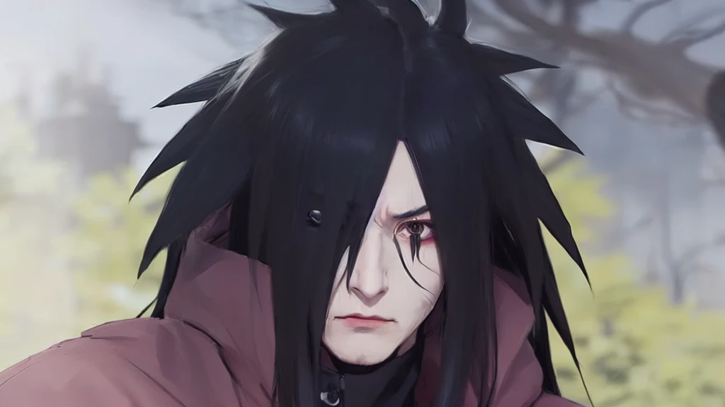 a close up of a person with long hair and a black jacket, madara uchiha, itatchi uchiha, sasuke uchiha, joker looks like naruto, pain from naruto, itachi uchiha, from naruto, he has dark grey hairs, itachi, joker as naruto, akatsuki akira, akiyuki shinbou, okata kazuto