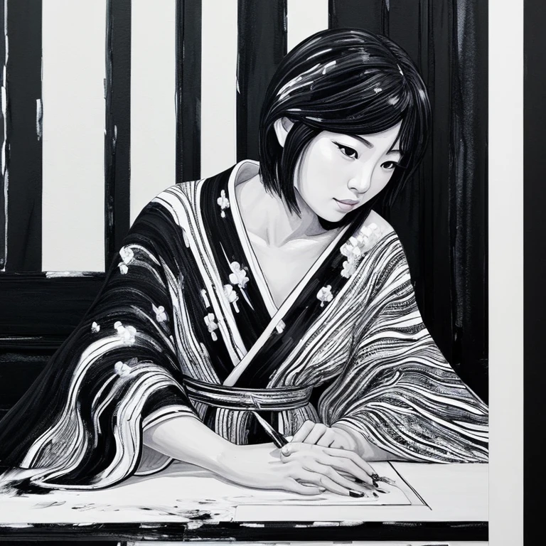 (((Black and white painting:1.4))),I am writing a letter with a fountain pen、Drawing of a Japanese woman with short hair, 完璧なLine art, きれいなLine art, outline, Line art, 太い黒のLine art, 太いLine art, 美しいLine art, Flowing hair and kimono,