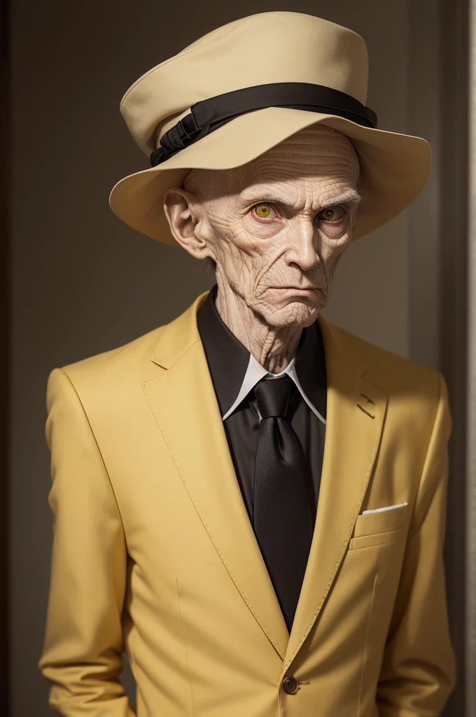 1 old skinny humanoid, pale skin with wrinkled face, reptilian yellow eyes, hat suit and tie.