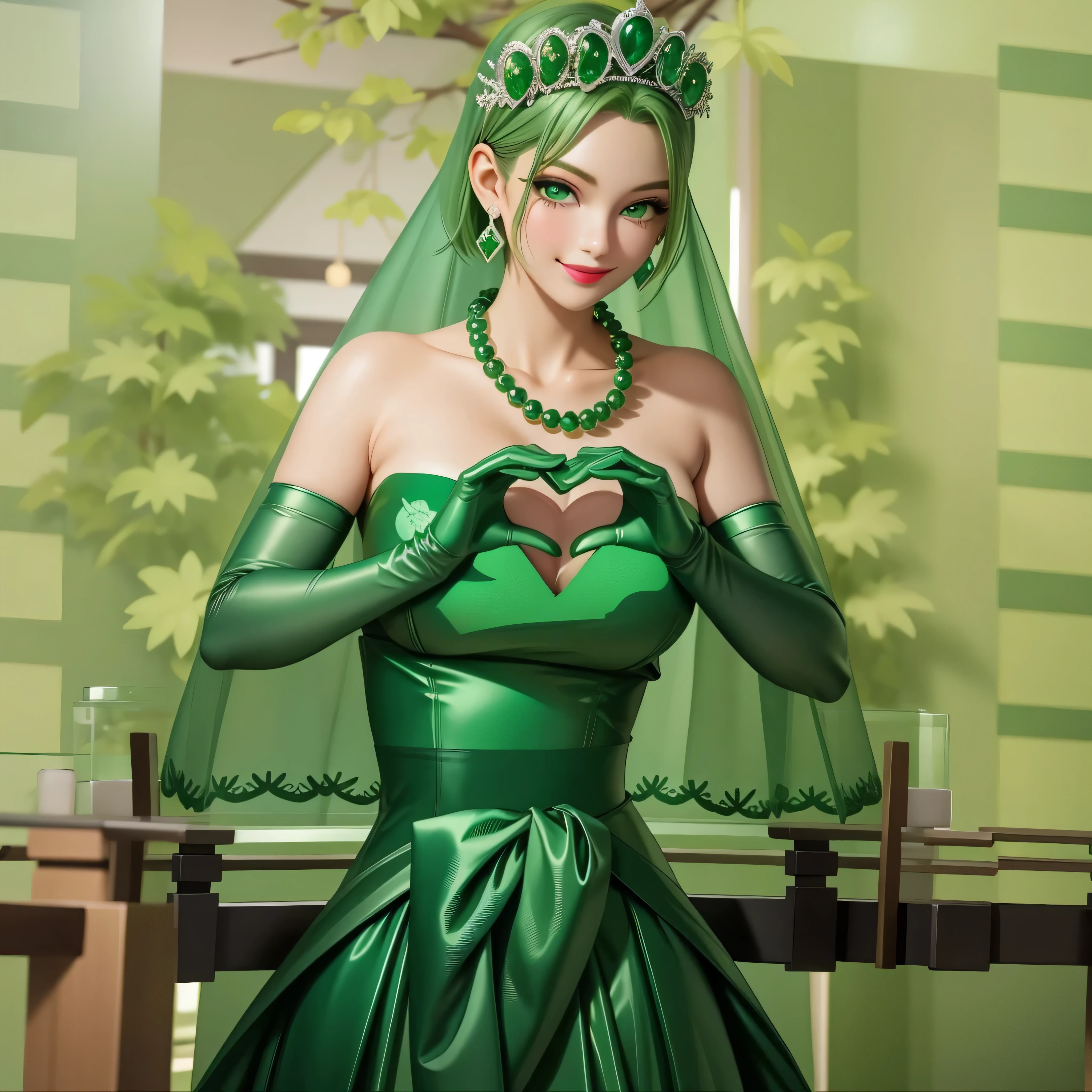 emerald tiara, Green Pearl Necklace, Boyish very short green hair, Green Lips, Smiling Japanese woman, Very short hair, Busty beautiful lady, Green Eyes, Green satin long gloves, Green Eyes, Emerald Earrings, Green veil, Heart with both hands, Green Hair, Beautiful Japanese Woman, Heart shaped hands:1.3, green lip gloss