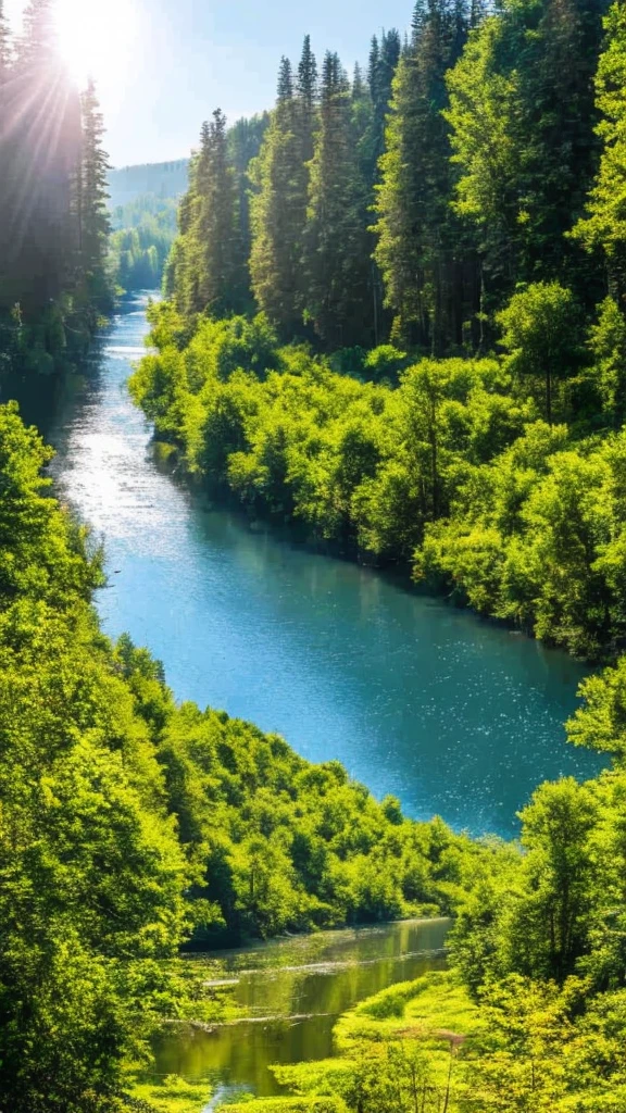 Vast forests,river,Light 32K,ultra-detaile