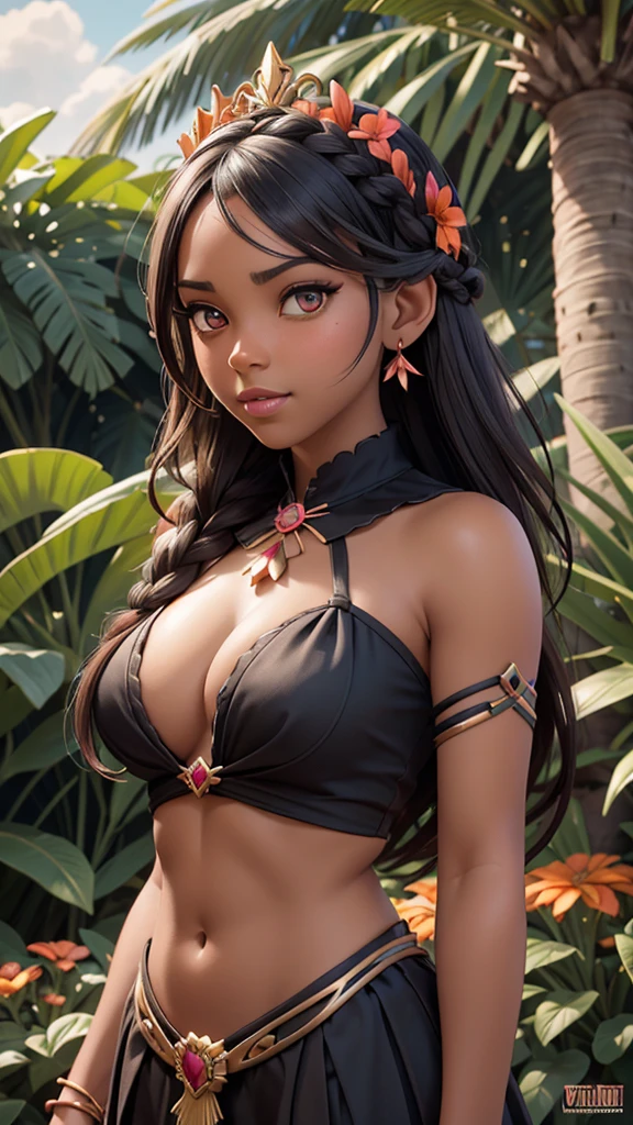 unreal engine:1.4,UHD,The best quality:1.4, photorealistic:1.4, skin texture:1.4, Masterpiece:1.8,beautiful dark skin african woman, animal fluff, fringe, bare shoulders, flat belly , black hair,black skin, blue sky, bow, braid, building, clavicle, crown braid, dark skin, separate sleeves, face viewer, flower, ruffled sleeves, steering wheels, gradient eyes, hair behind ear, hair bow, head bowing, move, light blush, long hair, looking at the viewer, multicolored eyes, nature, belly button, orange bow, move de palma, palm, parted lips, pink eyes, plant, portrait, Red flower, shirt, single braid, sky, only, sunlight, tan, teeth, tree, tropical, Upper part of the body, teeth superiores, water (Estilo Elden Ring:1.3), (Warhammer style:1.1), Conceptual artist, global ilumination, depth of field, splash art, Art by Artgerm and Greg Rutkowski and Viktoria Gavrilenko,