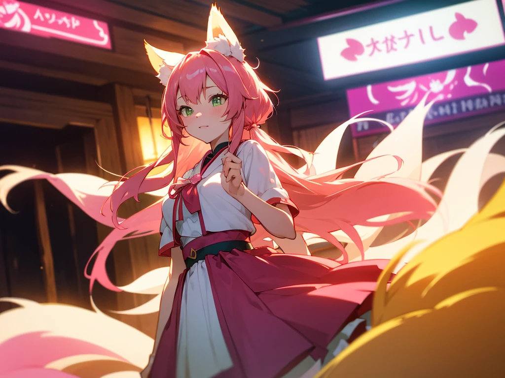 kitsune idol in a tavern, foxgirl, pink fox ears, pink fox tails, pink hair, green eyes, light blue idol dress, tavern background, high quality, masterpiece