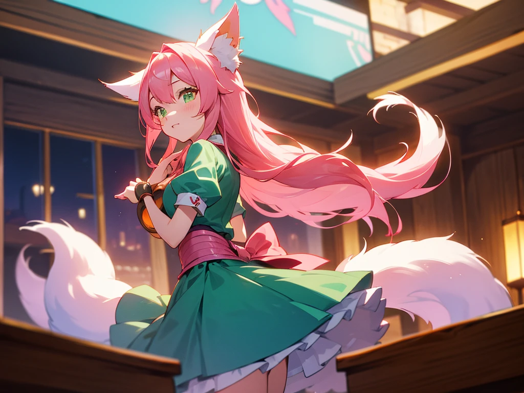 kitsune idol in a tavern, foxgirl, pink fox ears, pink fox tails, pink hair, green eyes, light blue idol dress, tavern background, high quality, masterpiece