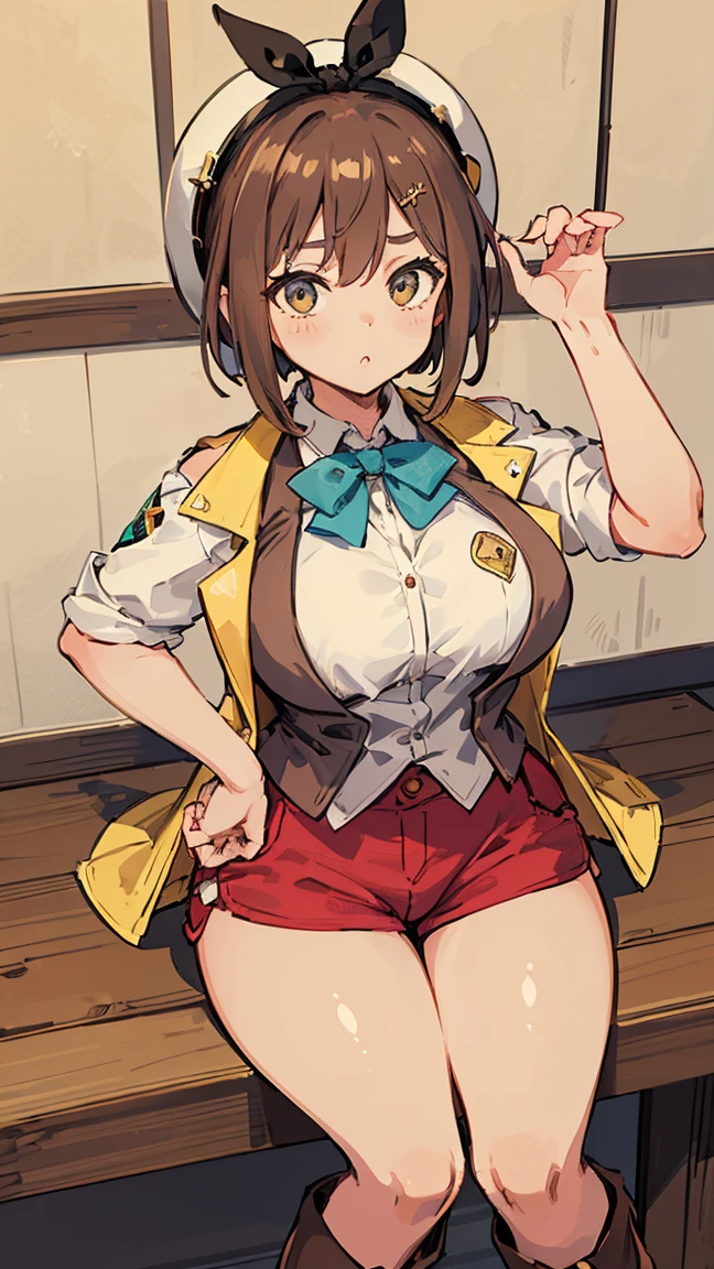 (Highest quality, 8K, masterpiece :1.3),Lizaリン・シュタウト(Lizaのアトリエ),Liza,Plump, One woman,Large Breasts,short hair,Brown Hair,hair band,Clothing,hat,White shirt,Yellow and white vest,Red shorts,Brown long boots