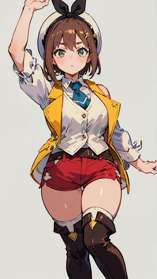 (Highest quality, 8K, masterpiece :1.3),Lizaリン・シュタウト(Lizaのアトリエ),Liza,Plump, One woman,Large Breasts,short hair,Brown Hair,hair band,Clothing,hat,White shirt,Yellow and white vest,Red shorts,Brown long boots